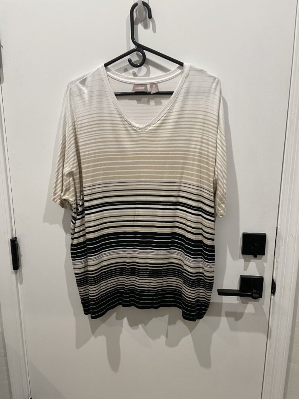 Chico's Black, White, & Tan Striped Knit Top or Tee - Size 3 or XL - Retail $69
